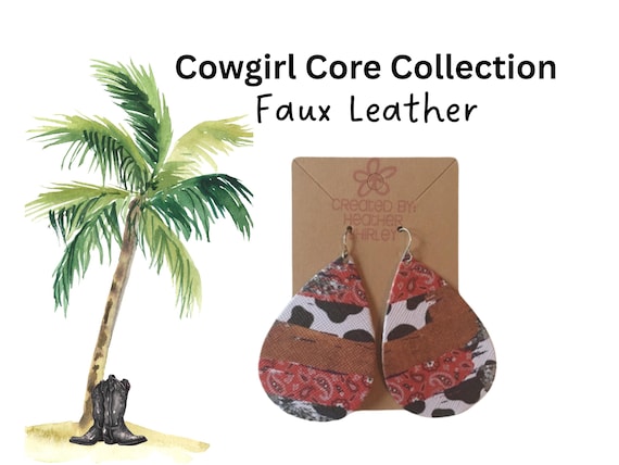 Cow Print Bandanna Faux Leather Teardrop Earrings, Western Boho Style