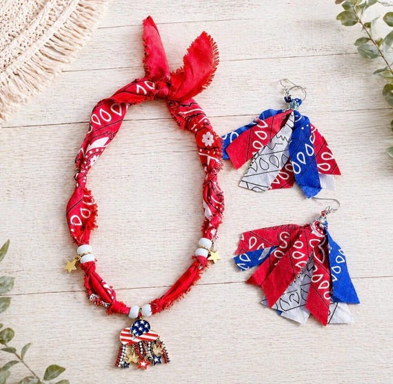 Red White Blue Bandana Jewelry Set, American Cowgirl Western Boho Style