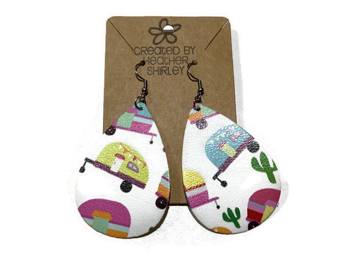 Happy Colorful Campers Faux Leather Earrings, Outdoor Adventure, Camping Parties Events Gifts, Camping Lovers, Camper Earrings, Cactus