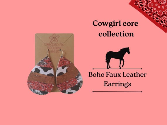 Cow Print Bandanna Faux Leather Teardrop Earrings, Western Boho Style