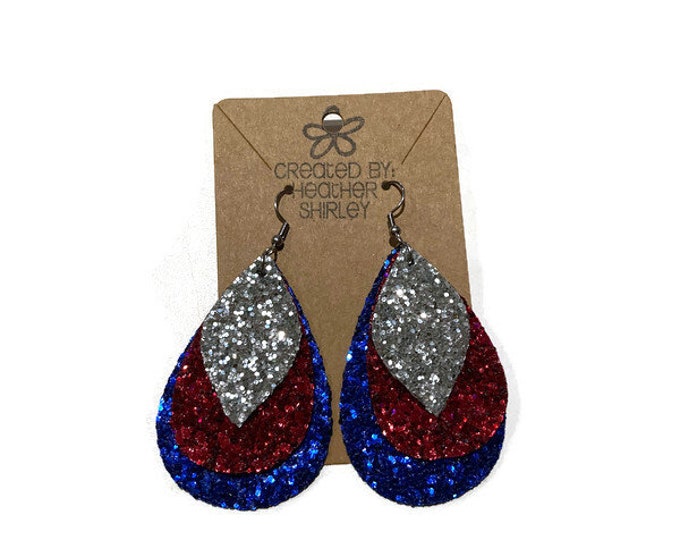 Red, Silver and Blue Glitter Layered Faux Leather Earrings, Game Day Earrings, Parties, Memorial Day, Tailgate, Patriotic, Costume, Gifts