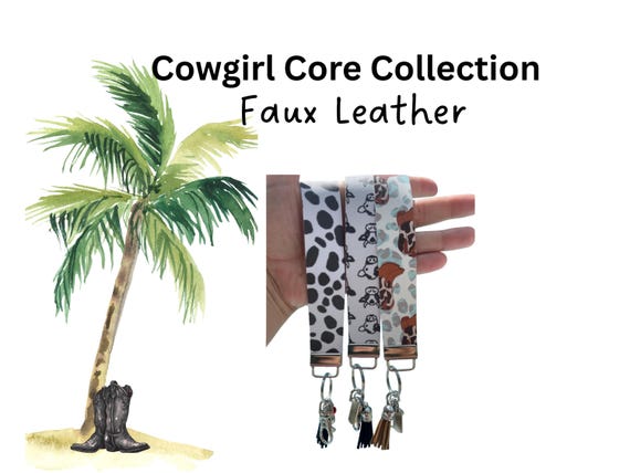 Cowgirl Core Faux Leather Key Fob Wristlet, Leopard Cow Print Boho Accessories