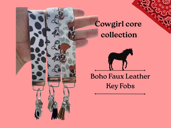 Cowgirl Core Faux Leather Key Fob Wristlet, Leopard Cow Print Boho Accessories