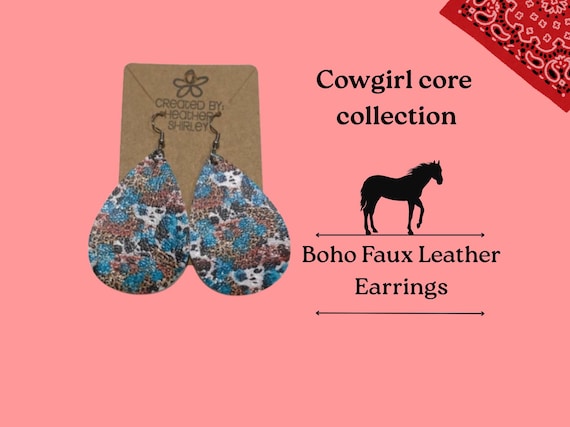 Cow, Leopard Print Turquoise Marine Vinyl Faux Leather Earrings, Farm Style, Sherpa Print, Western Style Earrings, Fall, Birthday, Rodeo