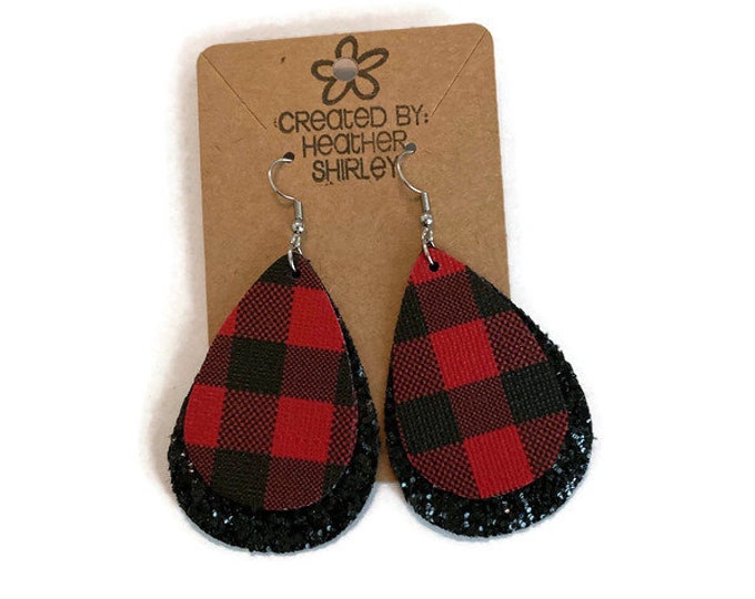 Red Buffalo Plaid with Black Glitter Layer Faux Leather Earrings, Lumberjack Earrings, Red and Black, Plaid, Fall Earrings, Fall Gifts