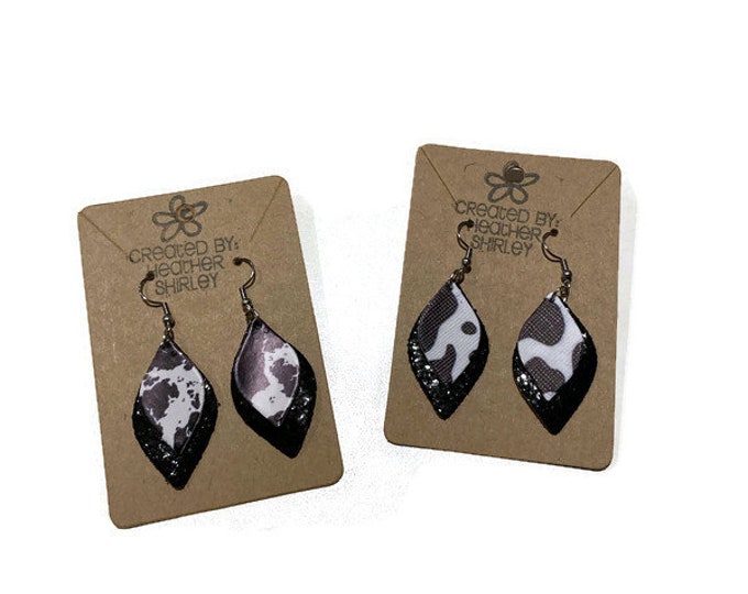 Cow Print with Black Glitter Layer, Small Faux Leather Earrings, Farm Earrings, Cow Lovers, Cow Gifts, Teacher Gifts, Birthday Parties