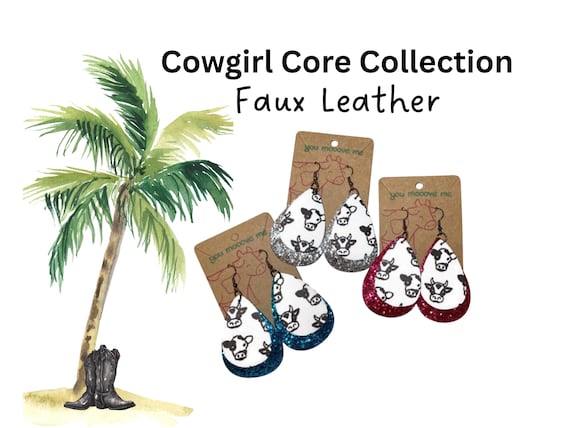 Cow Face Faux Leather Earrings, Glitter Layers, Cowgirl Style, Boho Jewelry
