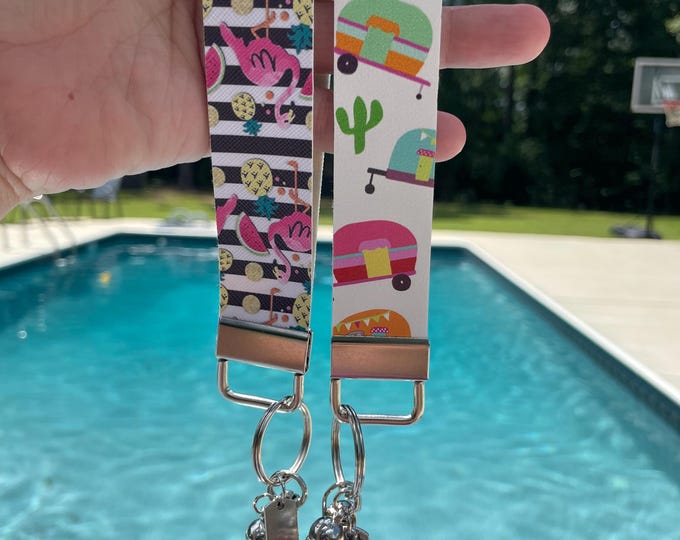 Happy Camper Faux Leather Key Fob Wristlet, Camper Print Key Fob, Novelty Gifts, Tassel Keyfobs, Teacher Gifts, Flamingo Keychains, Fruit