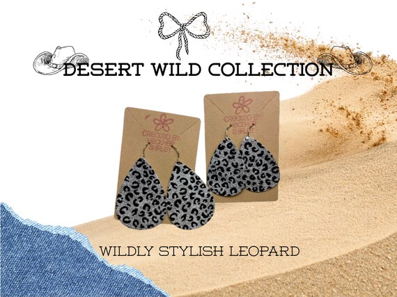 Silver Black Leopard Print Faux Leather Teardrop Earrings, Western Cowgirl Jewelry