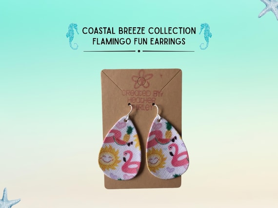 Faux Leather Teardrop Earrings, Flamingo Pineapple Sun Summer Beach Tropical