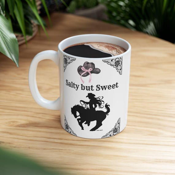 Salty Sweet Rodeo Silhouette Cowgirl Mug | Black Lace Accents, Coastal Cowgirl, Salty Spur, Coffee Lovers, Fun Mug, Gifts,