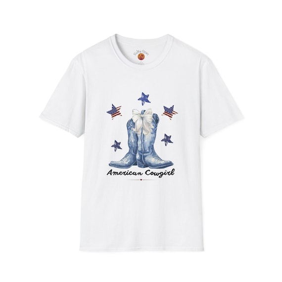 American Cowgirl boots and stars T-Shirt | Patriotic Western tee, Memorial Day, July 4th, Red White Blue, Bows, Summer Events, Concerts,