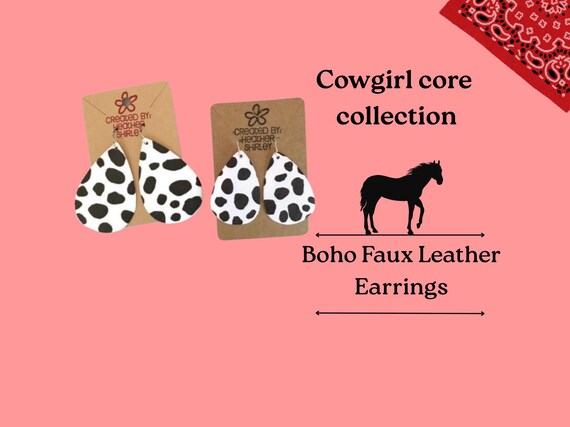 Boho Western Cow Print Leather Earrings, Lightweight, Country Cowgirl, Concerts, Rodeos
