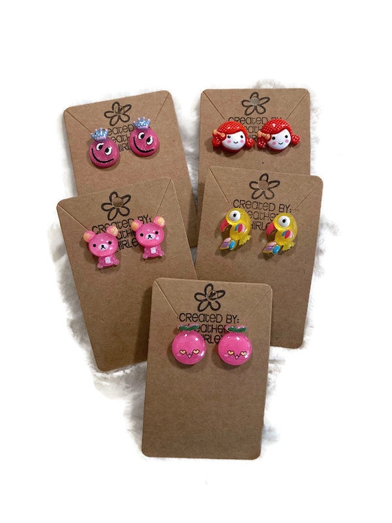 Super Cute Chunky Charm Earrings,Yellow Parrots, Pink Peaches, Pink Smiley King, Pink Bears, Stud Earrings, Summer, Spring Earrings and Gift