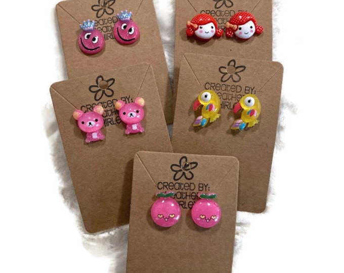 Super Cute Chunky Charm Earrings,Yellow Parrots, Pink Peaches, Pink Smiley King, Pink Bears, Stud Earrings, Summer, Spring Earrings and Gift