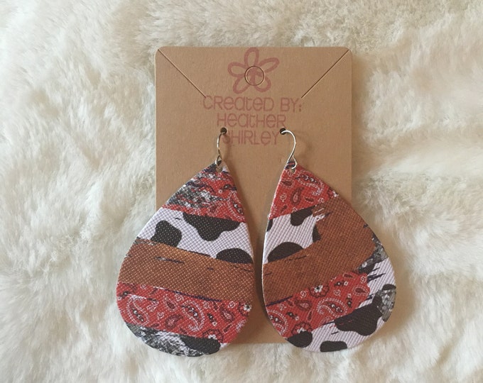 Cow Print and Red Bandanna Faux Leather Earrings, Western, Country Earrings, Faux Leather Gifts, Farm Earrings, Cow Print, Earrings