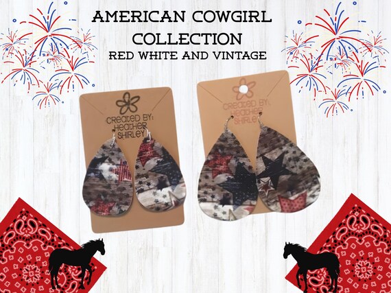 Vintage Red White and Blue Teardrop Faux Leather Earrings