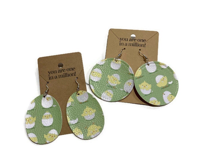 Baby Yellow Chickens, Easter themed Faux Leather Earrings, Spring Earrings, Yellow Chicken Earrings, Egg Shaped Earrings, Easter Gifts,
