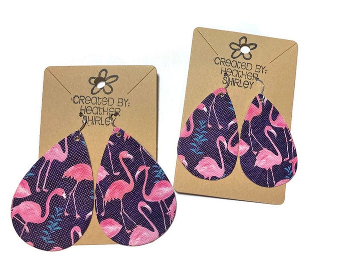 Teardrop Navy and Pink Flamingo Print Faux Leather Earrings