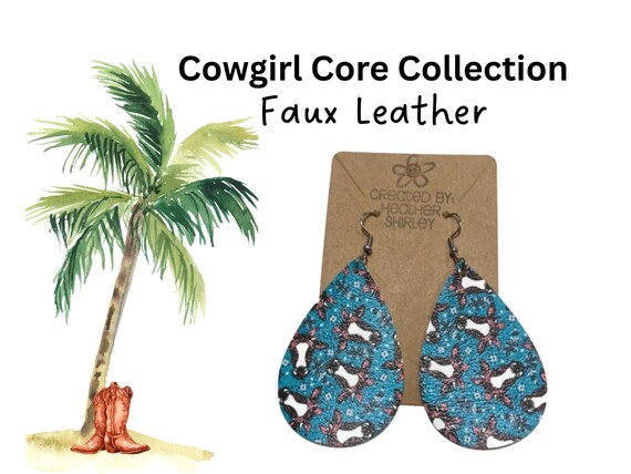 Turquoise Cow Bandana Faux Leather Earrings, Boho Farm Style Jewelry