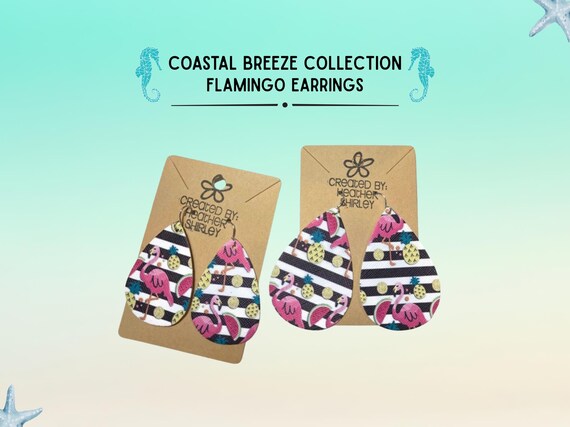 Flamingo Faux Leather Teardrop Earrings, Tropical Fruit, Beach Vacation Style