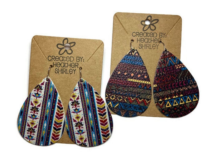 Double Sided Aztec Print Faux Leather Earrings, Summer Earrings, Rodeo Western Earrings, Turquoise Red Yellow Brown, Bold Print, Birthday
