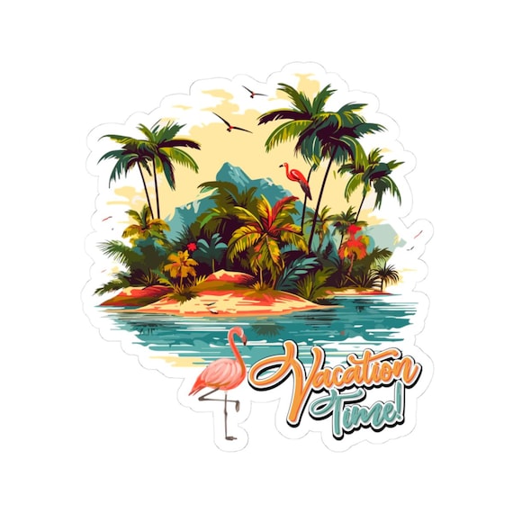 Vacation Island Flamingo Kiss-Cut Stickers | Tropical Beach Sticker, Vacation Summer, Crafts, Gifts