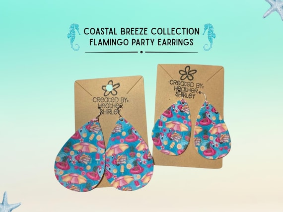 Flamingo Float Faux Leather Earrings, Pool Party Tropical Summer Vacation