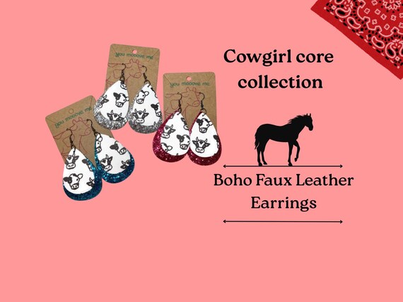 Cow Face Faux Leather Earrings, Glitter Layers, Cowgirl Style, Boho Jewelry