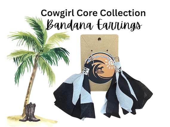 Boho Bandana Earrings, Western Cowgirl Style, Black White Tassel Jewelry