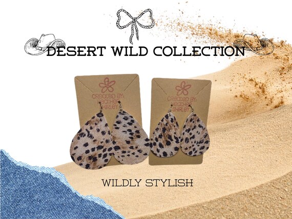 Cheetah Print Teardrop Faux Leather Earrings, Beige Black Western Cowgirl Style