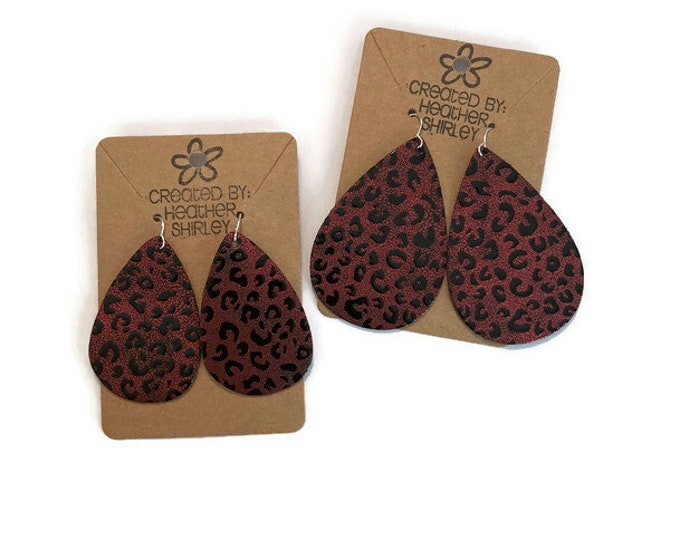 Metallic Red and Black Leopard Print Faux Leather Earrings, Cheetah Print, Summer Earrings, Football Earrings, Birthday Teacher Gifts