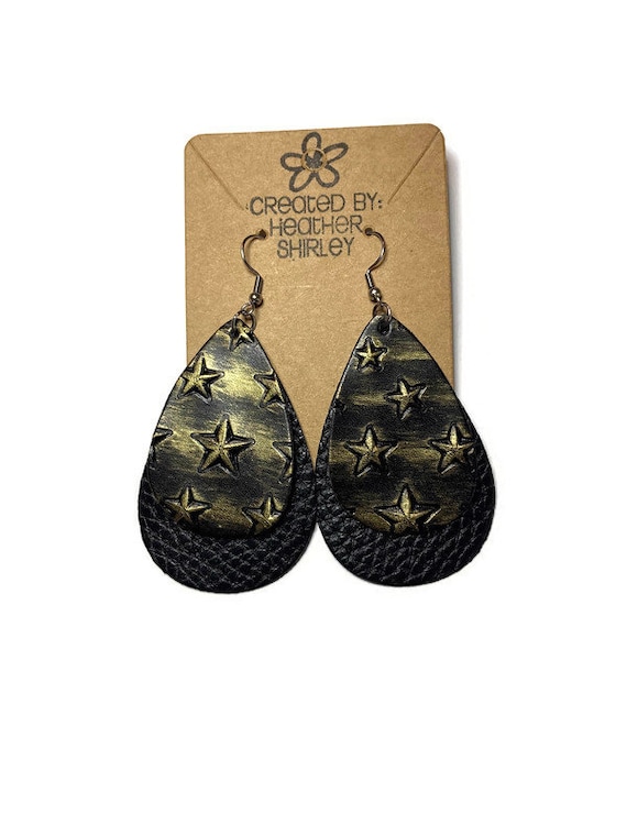 Black and Gold Star Faux Leather Earrings with Black Layer, Football Earrings, Black and Gold, Fall Earrings, Teacher Gifts, Double Layer