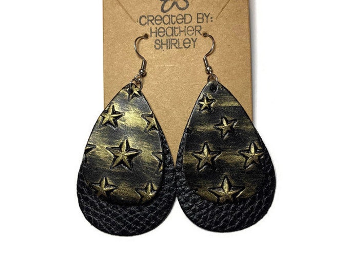 Black and Gold Star Faux Leather Earrings with Black Layer, Football Earrings, Black and Gold, Summer Earrings, Teacher Gifts, Double Layer