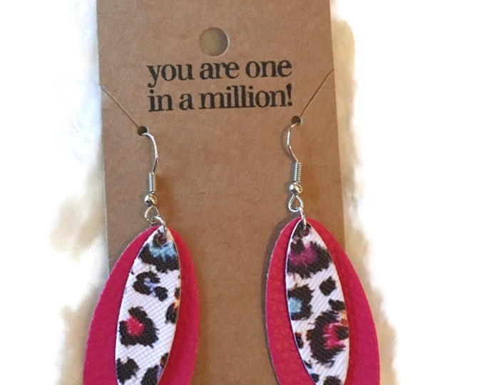 Colorful Leopard Animal Print, Small Layered Faux Leather Earrings, Lightweight Jewelry, Small Earrings, Summer Accessories, Hot Pink, Gifts