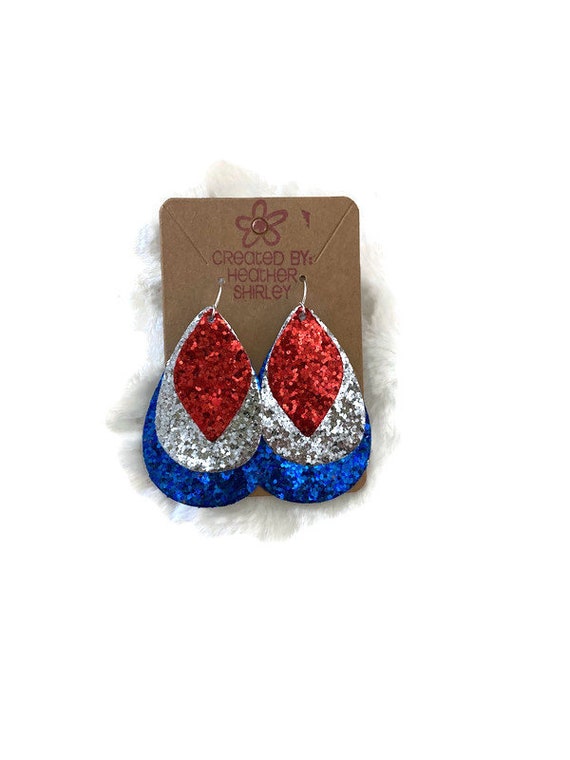 Limited Stock! Beautiful Red, White and Blue Glitter Faux Leather Earrings