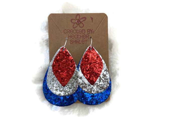 Limited Stock! Beautiful Red, White and Blue Glitter Faux Leather Earrings