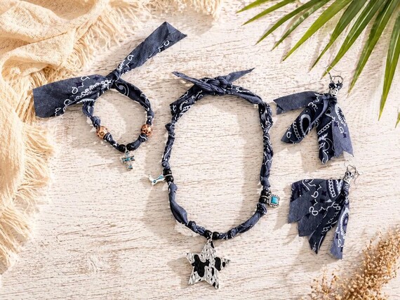 Coastal Cowgirl, Cowprint Cutie, Bandana Jewelry Set, Boho Western, Rodeo Concert Festival Outfit