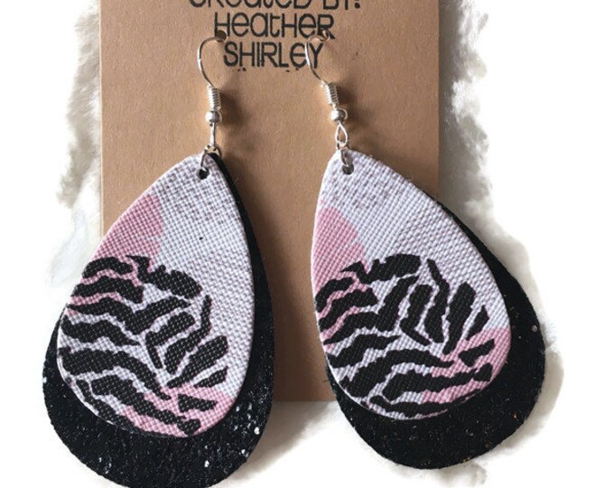 Pink and Black Zebra Print with Black Glitter Layer Teardrop Faux Leather Earrings, Lightweight, Animal Prints, Summer Jewelry, Gifts