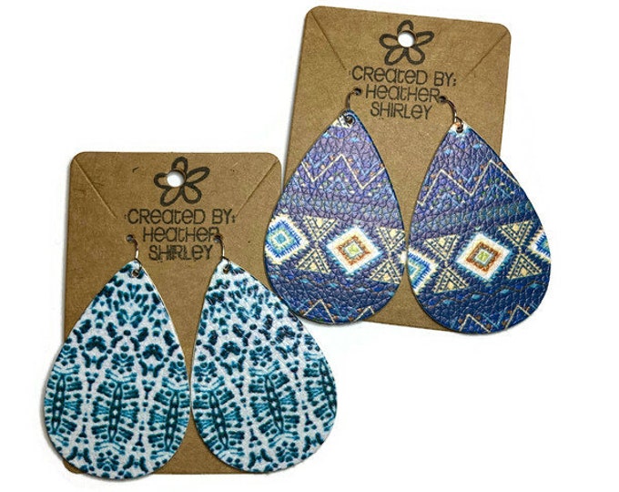 Double Sided Blue Aztec Print Faux Leather Earrings, Western Rodeo Earrings, Birthday Gifts, Blue Turquoise White Brown, Summer Earrings