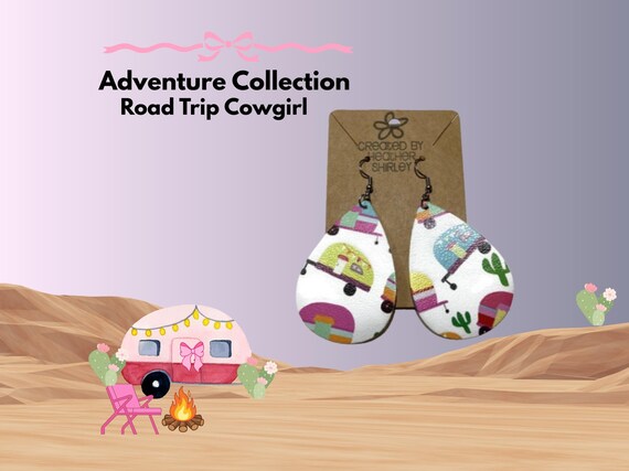 Happy Campers Faux Leather Earrings, Outdoor Adventure, Cactus Print, Lightweight Handmade Jewelry