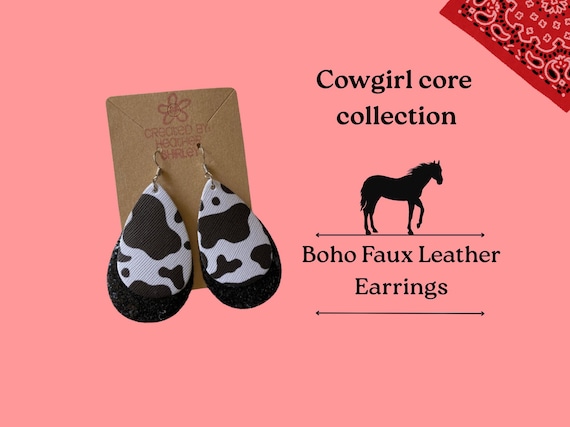 Western Cowgirl Earrings, Boho Teardrop, Cow Print, Lightweight Statement Jewelry, Gift for Her