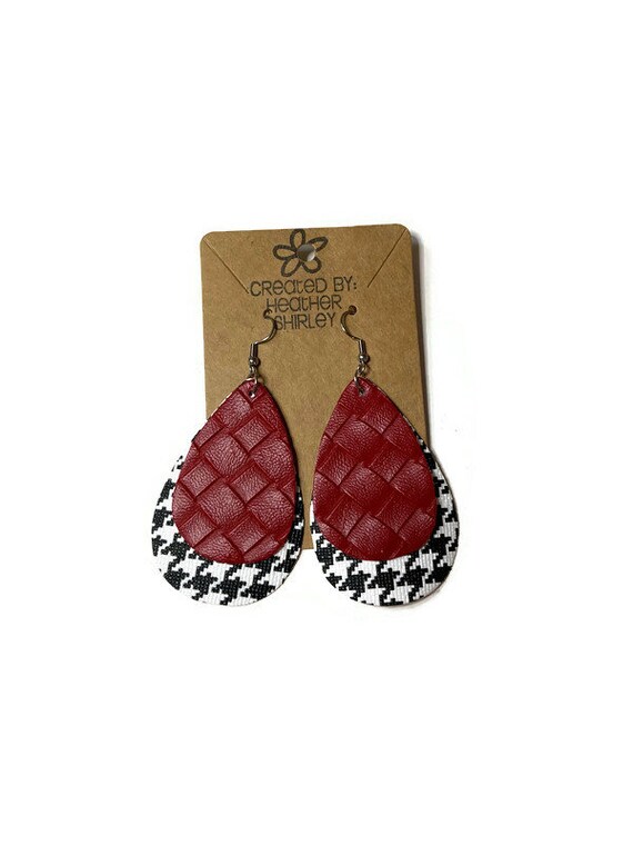 Red and White, Houndstooth Faux Leather Earrings, College Earrings, Sports Events, Tailgate, Football Earrings, Fall Earrings, Gifts, Sports