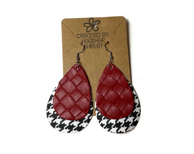 Red and White, Houndstooth Faux Leather Earrings, College Earrings, Sports Events, Tailgate, Football Earrings, Summer Earrings and Gifts