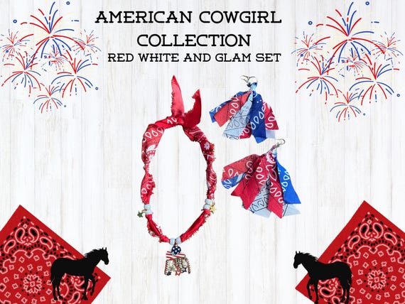 Red White Blue Bandana Jewelry Set, American Cowgirl Western Boho Style