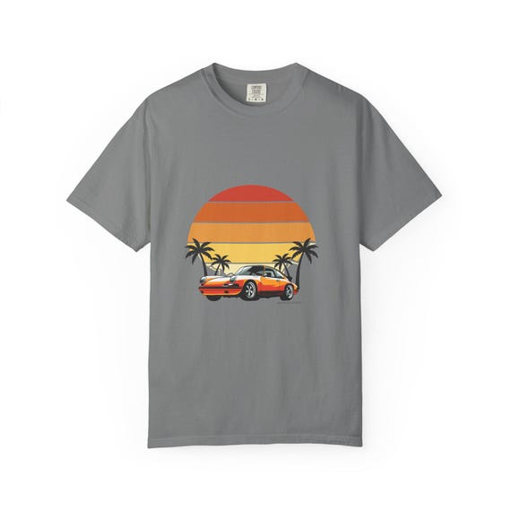 Retro Sunset Porsche Car T-shirt | Palm Trees, Vintage Sports Car, Salty Spur Tees, Comfy, Beach, Gift