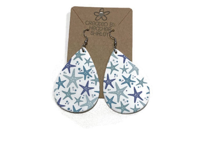 Turquoise, Blue, Starfish Faux Leather Earrings, Beach Tropical Summer Earrings and Gifts, lightweight Jewelry, Vacation Earrings, Birthday