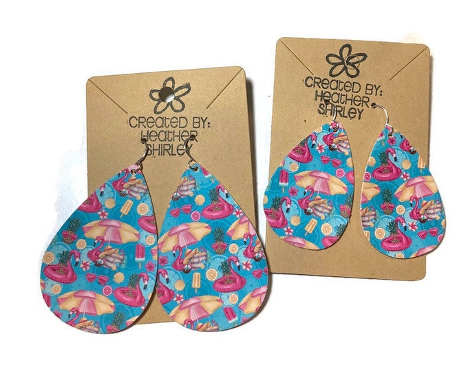 Pink Flamingo, Pool Party, Flamingo Floats, Beach, Tropical Fruits, Tropical Treats Faux Leather Earrings, Pink and Blue, Summer, vacation