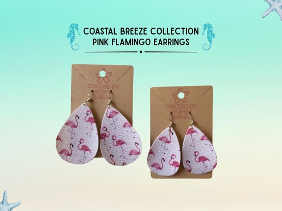 Pink Flamingo Teardrop Faux Leather Earrings, Tropical Vacation Jewelry
