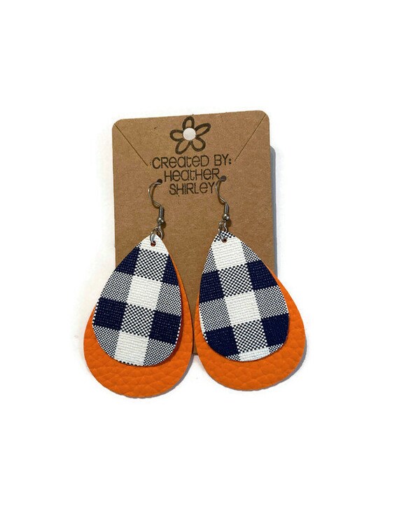 Blue Plaid with Orange Layer Faux Leather Earrings, College Earrings, Tiger Earrings, Orange and Blue, Football Earrings, Sports Gift, Fall